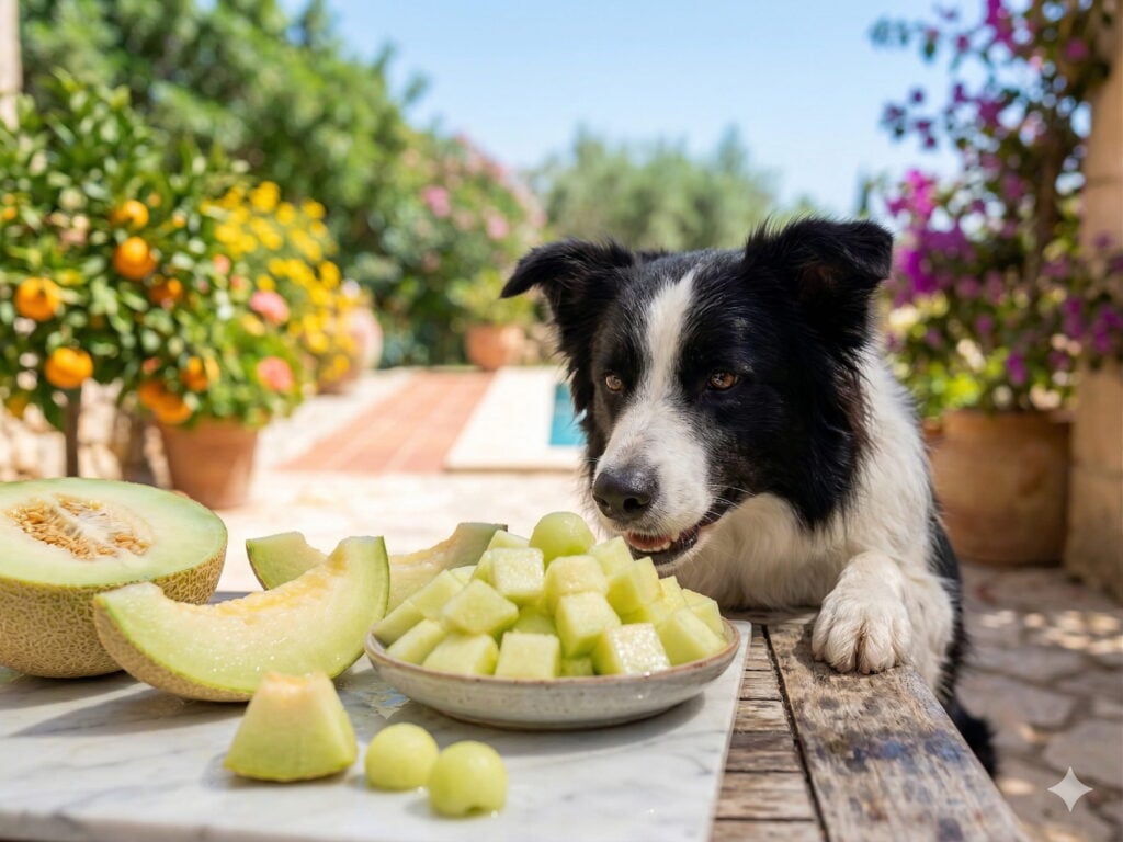 Perro en un jardín junto a melón como fruta segura para perros