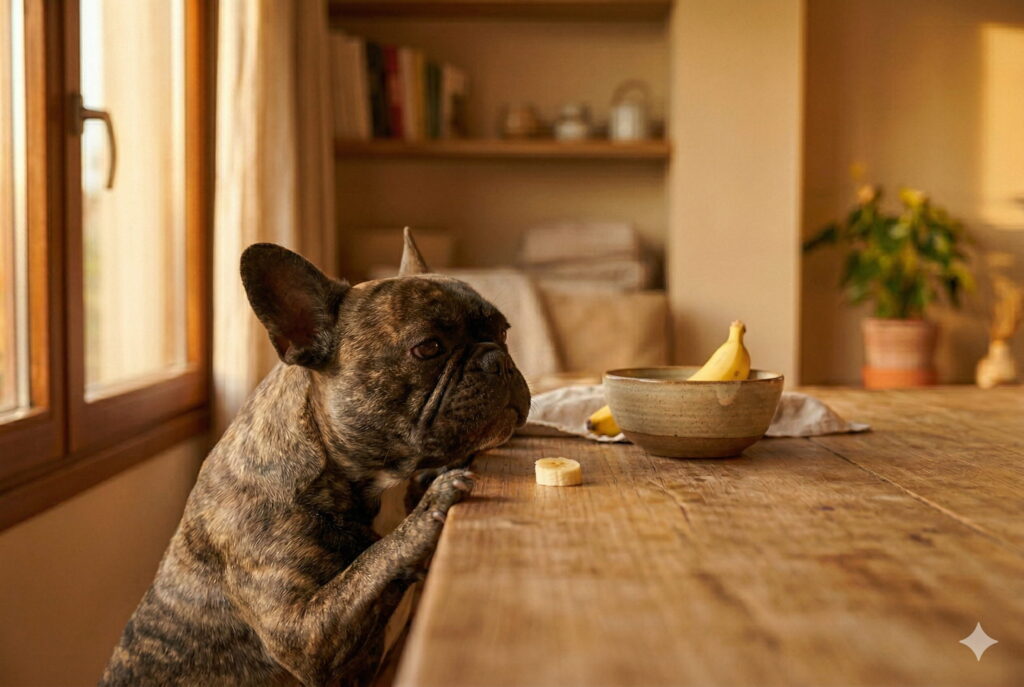 Perro comiendo un trozo de plátano como alimento natural para perros
