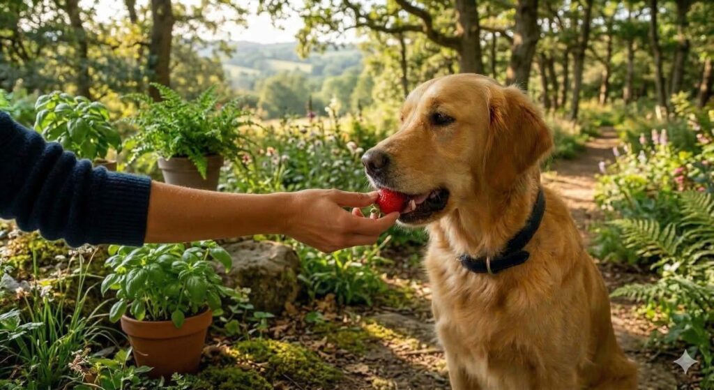 Perro comiendo una fresa como snack natural para perros