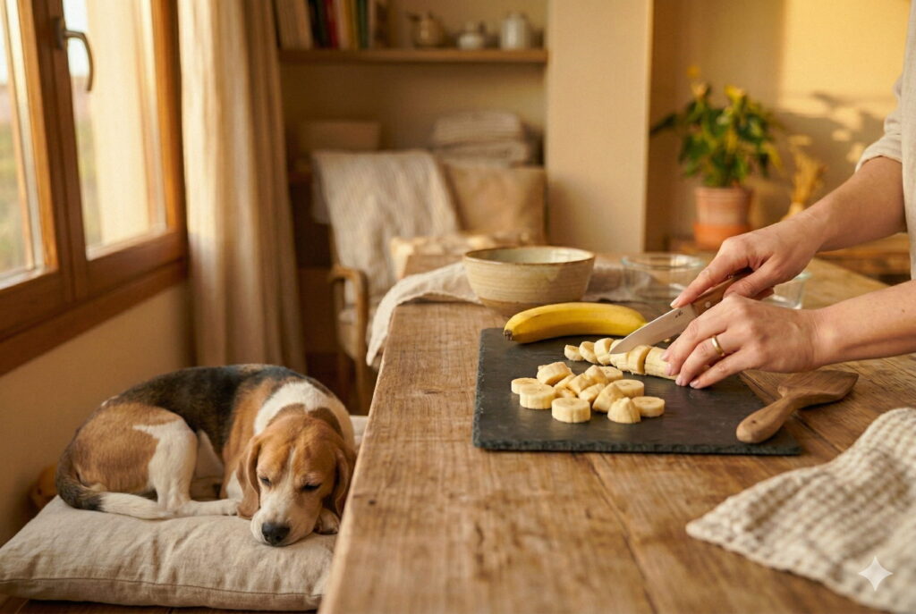 Perro relajado junto a un plátano como ejemplo de fruta segura para perros