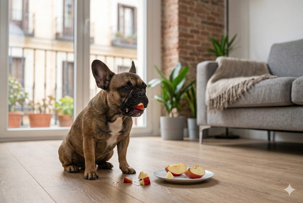 Perro comiendo un trozo de manzana como alimento natural para perros