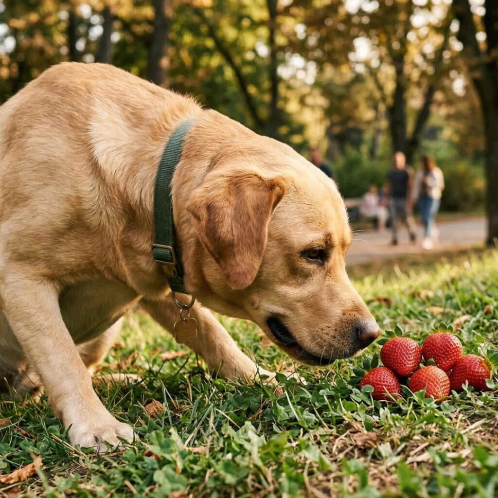 Perro oliendo fresas en el suelo como alimento natural para mascotas