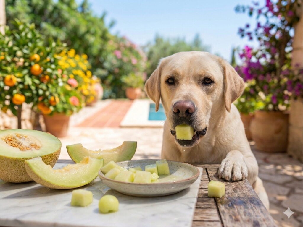 Perro comiendo un trozo de melón como alimento natural e hidratante
