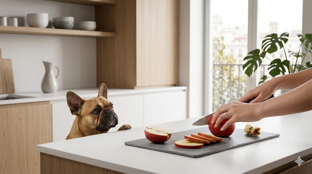 Persona cortando manzana en trozos para alimentar a su perro de forma segura