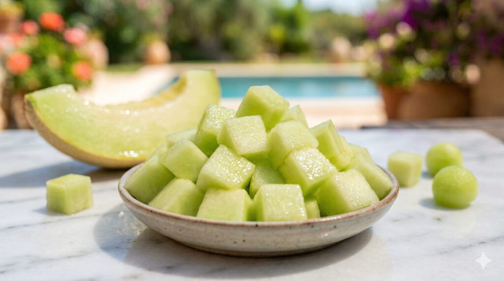 Melón cortado en cubos pequeños aptos para perros