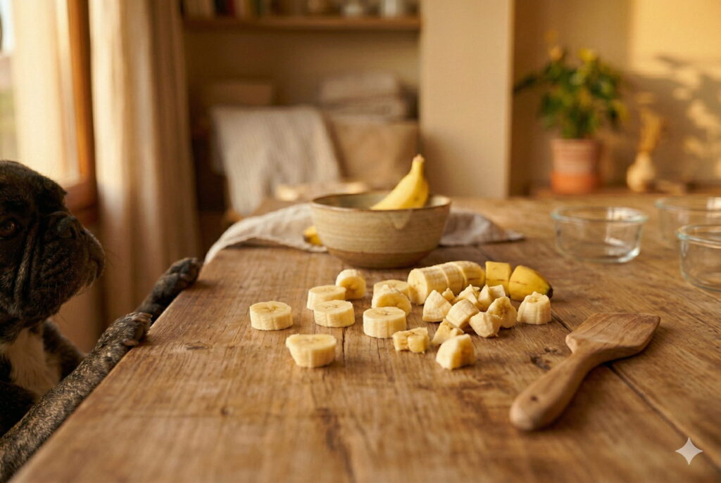 Plátano cortado en rodajas pequeñas aptas para perros
