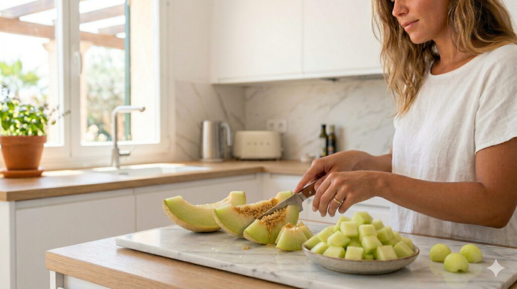 Persona cortando melón en trozos para alimentar a su perro de forma segura