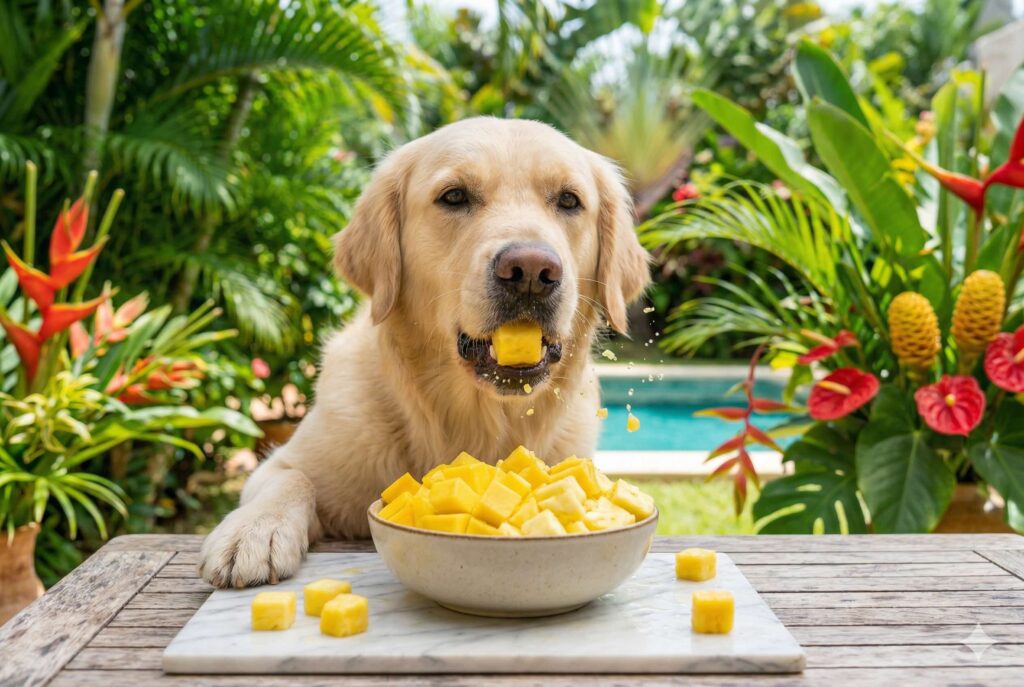 Perro comiendo un trozo de piña como alimento natural para perros