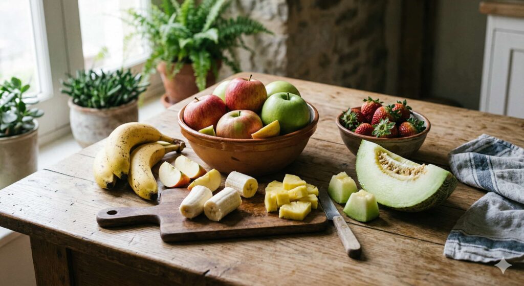 Frutas que pueden comer los perros colocadas sobre una mesa con alimentos naturales