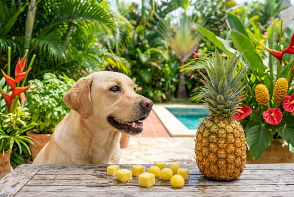 Perro en un jardín junto a una piña como fruta segura para perros