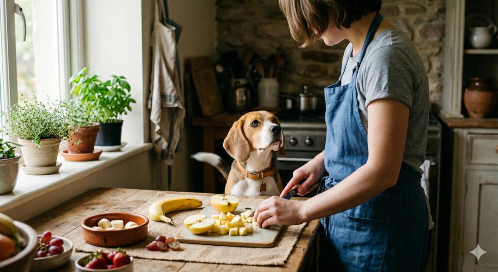 Persona preparando frutas que pueden comer los perros en trozos pequeños