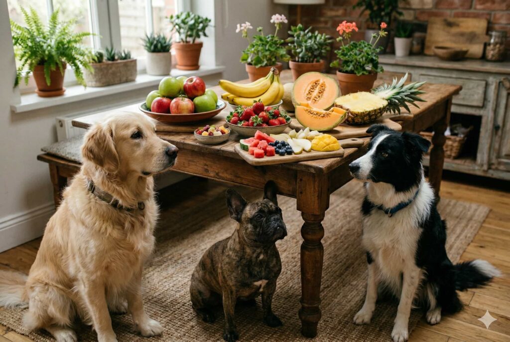 Qué frutas pueden comer los perro: diferentes perros observando frutas como manzana, plátano, melón y fresas