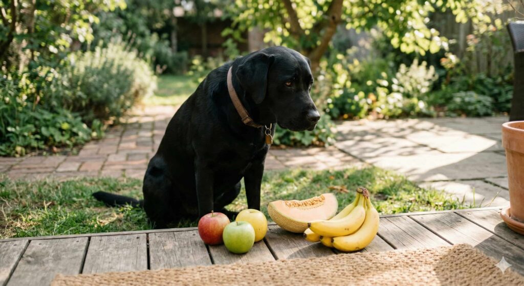 Frutas que pueden comer los perros como manzana, plátano y melón junto a un perro en casa