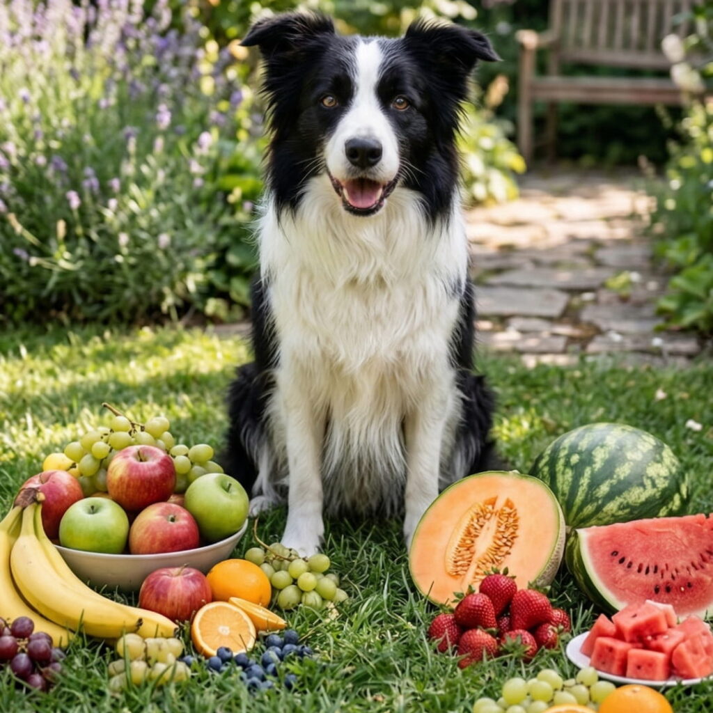 Qué frutas pueden comer los perros: perro observando frutas como manzana, plátano, melón y fresas